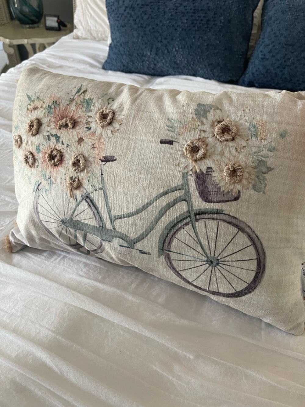 Embroidered Bicycle Floral Lumbar Pillow in Cream and Pastel Blue
